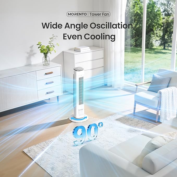 MORENTO 36-Inch Smart Tower Fan with Remote, 25ft/s Standing Fan with WiFi, App & Voice Control, 4 Modes, 4 Speeds, 12-Hour Timer, 90° Oscillating Fan for Bedroom and Office, White, 1 Pack
