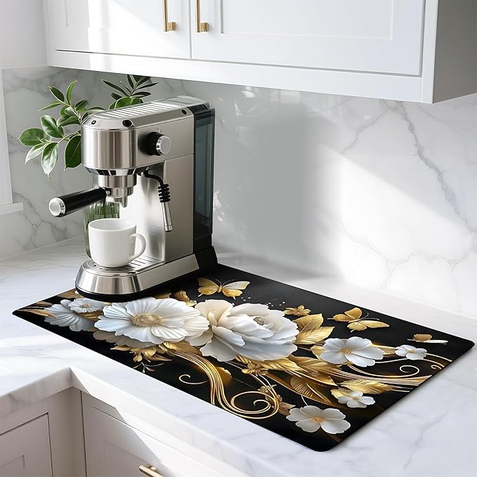 Coffee Mat 17"x32" - Extra Large Absorbent Non Slip Dish Drying Mat,Coffee Bar Accessories,Kitchen Counter Protector for Coffeemaker, Sink, Dining Decor