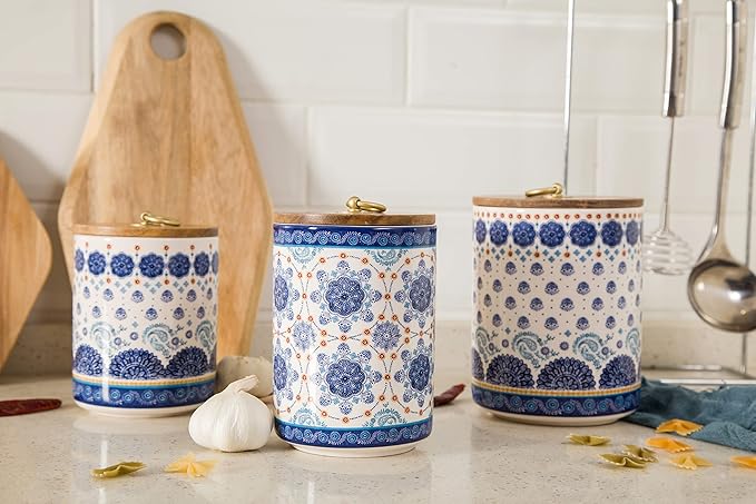 Bico Blue Talavera Ceramic Canister Set of 3 for Kitchen Counter, 62oz, 40oz, 32oz each, with Wooden Air Tight Lid, Food Storage Jar for storing Coffee, Tea, Spice, Dishwasher Safe