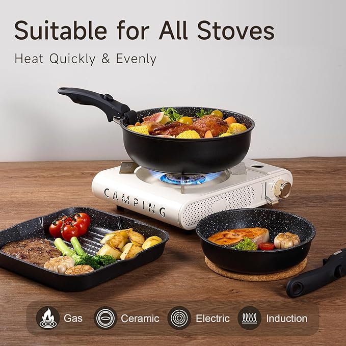 JEETEE Cookware Set (6 Essential Pots & 19 Accessories), Nonstick Pots and Pans with Detachable Handle for Induction Cooking, RV Kitchen Space Saving, PFAS Free, Black
