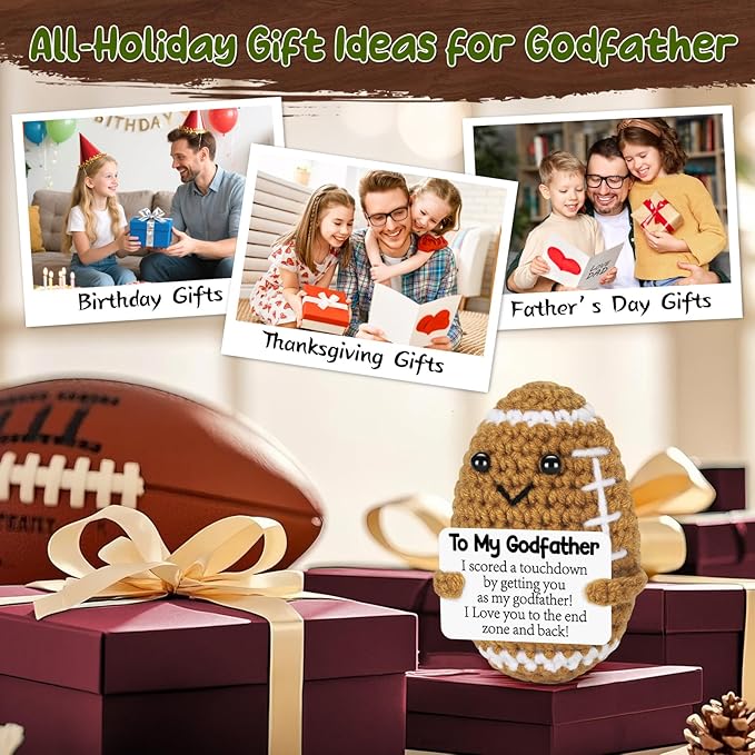 BiuNiuring Mini Funny Godfather Gifts from Godkids, Handmade Crochet Mini Football Godfather Birthday Gifts from Godchild Goddaughter Godson, Goddad Present for Father's Day Cute Desk Decor