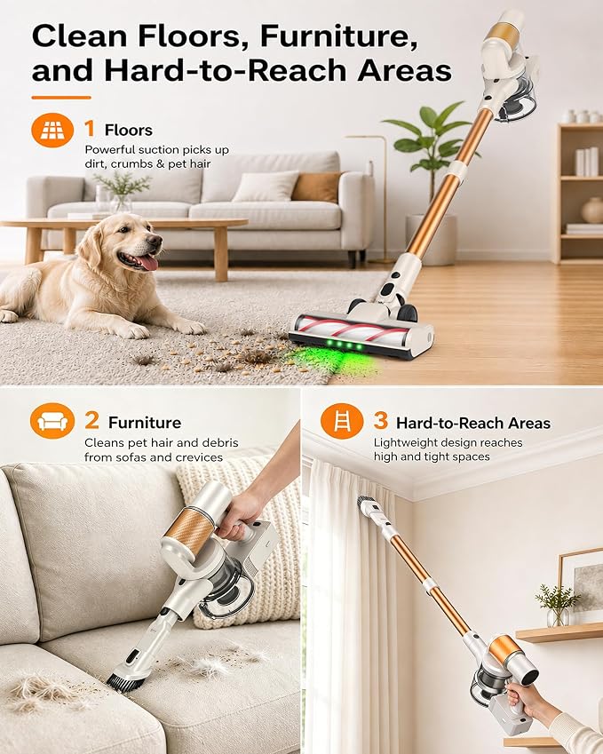 Cordless Vacuum Cleaner, 2 Batteries 110 Minutes Runtime, 600W 50KPA Stick Vacuum with Self-Standing, Tangle-Free Brush, LED Display, Vacuum Cleaner for Home Hardwood Floor, Carpet, Pet Hair