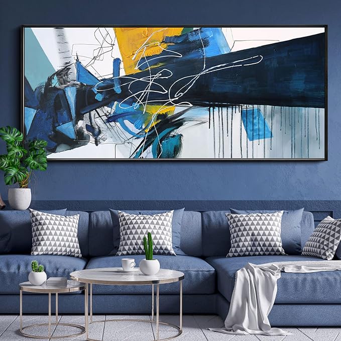 KLAKLA Wall Art for Living Room - Blue Abstract Canvas Pictures Framed Artwork for walls Extra Large Prints for Bedroom Above the Bed Decor 8x39 Inches