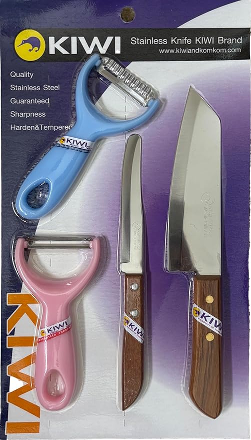 Kiwi Stainless Steel Knife Set (Pro Peeler, Peeler, Pearing Knife and Kitchen Knife), 4 Piece Total