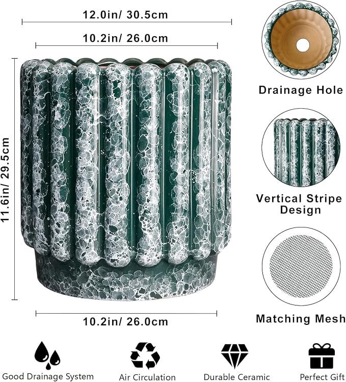 Ceramicfor 12 Inch Ceramic Indoor Planters, Green | Drainage Hole, Fluted Round Design, Indoor & Outdoor Use, Decorative Flower Pots