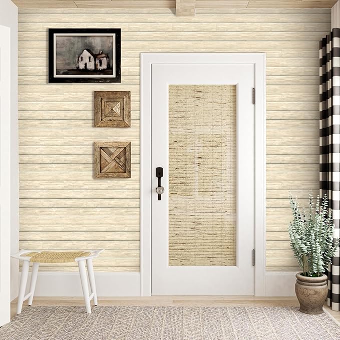 COMSTICKC Peel and Stick Faux Wood Wall Sticker Wall Panels, 10 Pcs of 12" x 12", Ultra-Light Thin PVC 3D Fake Wood Shiplap Self-Adhesive Wall Covering Wallpaper for Interior Farmhouse Decor, Yellow