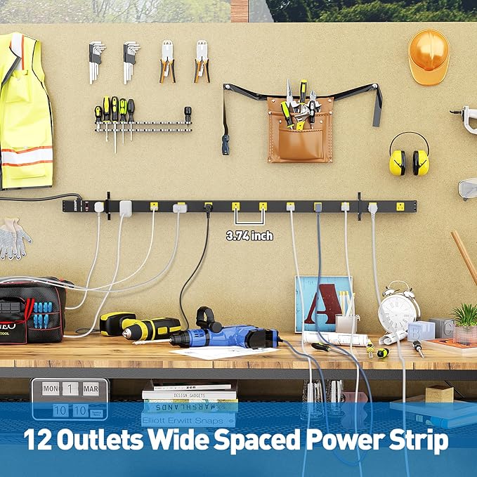 12 Outlet Industrial Power Strip with 15Ft Cord, 1875W Heavy Duty Metal Power Strip with Wide-Spaced Outlets & Overload Protection, ETL Listed for Garage, Workshop, Office, Home