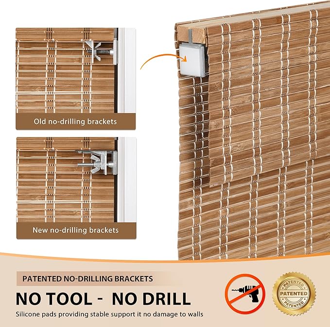 LazBlinds No Tools No Drill Cordless Bamboo Roman Shades, Light Filtering Window Treatment, Roll Up Bamboo Blinds for Windows 31.5'' W x 48'' H, Brown