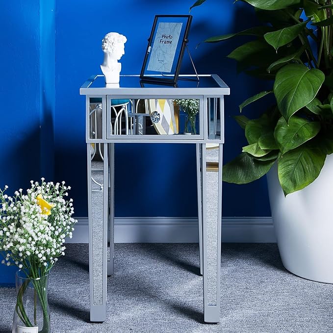 VINGLI Mirrored End Table with Drawer Silver Modern Nightstand/Bedside/Accent Table Set of 2 for Small Space,Living Room,Bedroom,15.7" L x 15.7" W x 24" H,Mirror