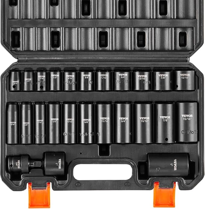 VEVOR 3/8" Drive Impact Socket Set, 25 Piece Deep & Shallow Socket Set SAE 5/16" - 1", 6 Point Cr-Mo Alloy Steel for Auto Repair, Easy-to-Read Size Markings, Rugged Construction, Includes Storage Case