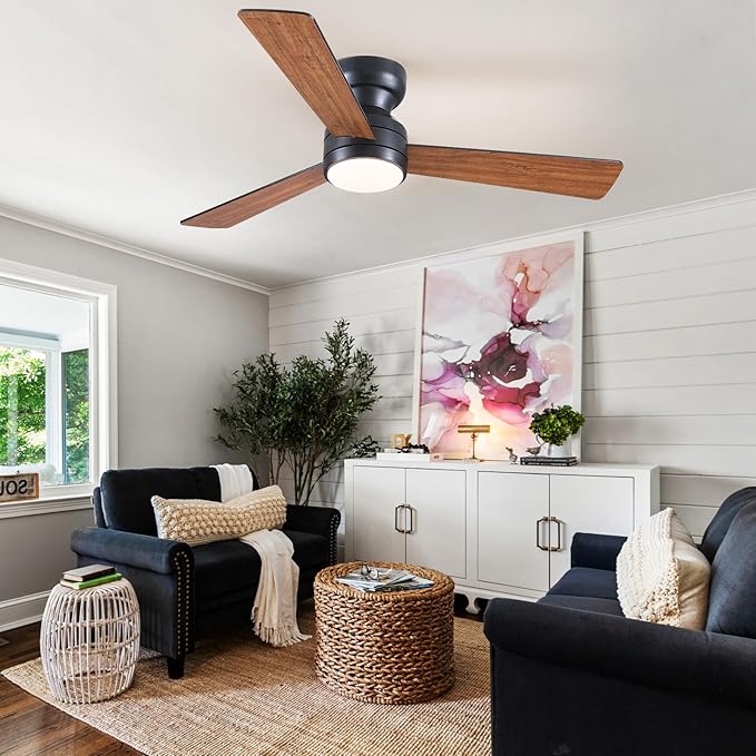 Asyko 46" Brown Low Profile Ceiling Fans with Lights and Remote, Modern Indoor Ceiling Fan Light with Quiet Reversible DC Motor, Flush Mount Ceiling Fans with Dimmable LED for Bedroom Kitchen