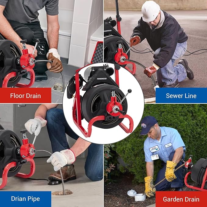 Electric Drain Auger Auto-Feed, 75ft x 1/2" Drain Cleaner Machine with 6 Cutters & Glove, Sewer Snake for 2 to 4 Inch Pipes