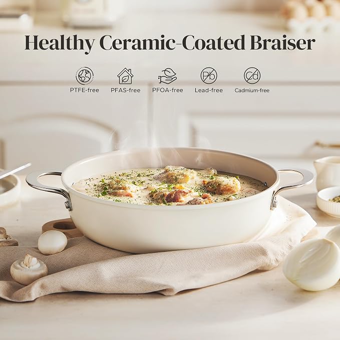 Redchef Ceramic Stock Pot, 4 QT Soup Pot with lid, Induction Cooking Pot Stockpot for All Stoves, Nonstick Pasta Pot for Stews, Even Heating, Stay Cool Handle, Oven/Dishwasher Safe, PFAS Free (Beige)