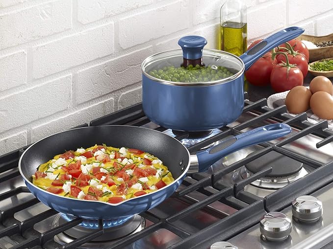 T-fal B037SE64 B037SE Excite ProGlide Nonstick Thermo-Spot Heat Indicator Dishwasher Oven Safe Cookware Set, 14-Piece, Blue