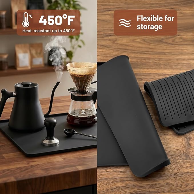 16×16-inch Silicone Coffee Mat for Espresso Machine - Heat Resistant, Waterproof Countertop Protector Pad with Raised Edges, Easy Clean Dish Drying Mat for Kitchen, Pet Food Mat (Black)