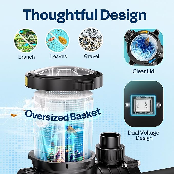 VIVOHOME 1.5 HP 6500 GPH Powerful Copper Motor Dual Voltage Self Primming in/Above Ground Swimming Pool Pump w1.25'' & 1.5" & 2.0'' Unions Energy Saving w/Strainer Basket