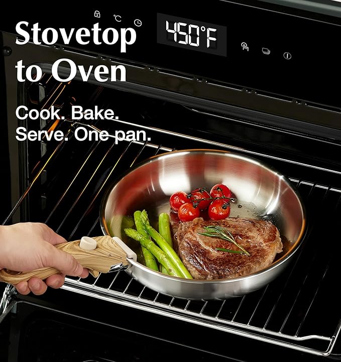 KOCH SYSTEME CS Stainless Steel Frying Pan Set, 8" & 9.5" & 11" 18/10 Stainless Steel Pan Set with Stylish Removable Handles, Tri-Ply Steel Base for Rapid Heating, Induction Compatible Camp Pan