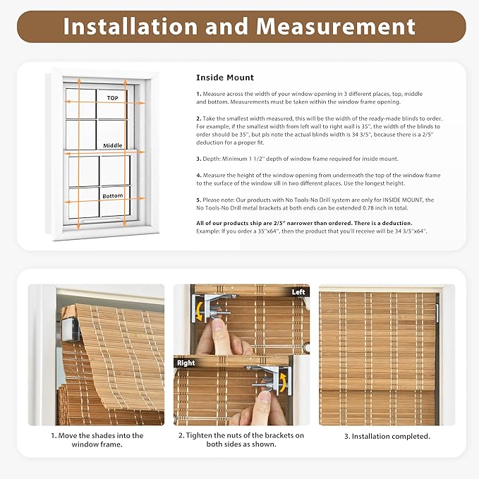 LazBlinds No Tools No Drill Cordless Bamboo Roman Shades, Light Filtering Window Treatment, Roll Up Bamboo Blinds for Windows 46'' W x 48'' H, Eastfield Teak