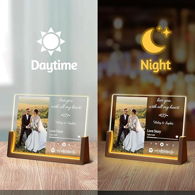 Personalized Valentine's Day Couples Gifts For Him Her Women Men, Custom Acrylic Spotify Plaque Light Up Picture Frame, Customized Anniversary Birthday Wedding Gifts For Husband Wife BF GF