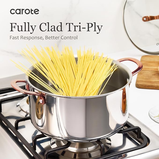 CAROTE 30 PCS Tri-Ply Stainless Steel Cookware Set Pots and Pans Set | Non Toxic Induction Kitchen Cooking Sets,Oven & Dishwasher Safe, All-Stovetop Compatible