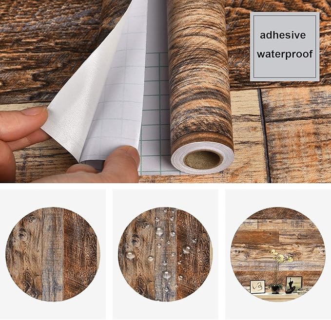 WENMER 23.6" x 78.7" Brown Wood Peel and Stick Wallpaper Shiplap Self Adhesive Wall Paper Wood Plank Wallpaper for Cabinet Countertop Shelf Drawer Wall Door