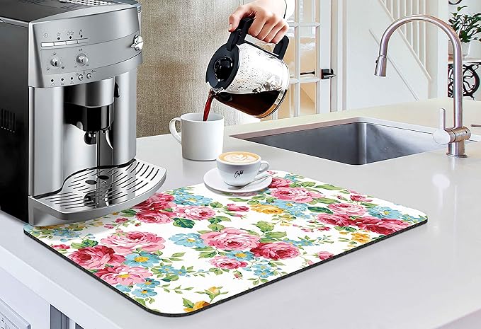 Coffee Bar Mat Accessories for Countertop Pioneer Flower Absorbent Hide Stain Rubber Backed Dish Drying Mats for Kitchen Counter Draining Pad Decor Gift Fit Under Coffee Maker (20x12in)