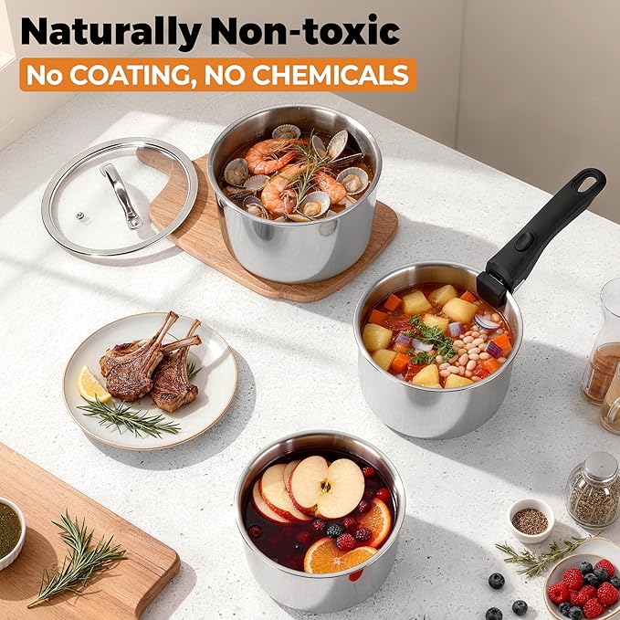 P&P CHEF Tri-Ply Cooking Pots and Sauce Pans, 9Pcs Stainless Steel Cookware Set with Removable Handle, Induction 2Qt Saucepan, 3Qt Small Pot & 4Qt Stock Pot, Oven & RV Safe to 500℉, Dishwasher Safe