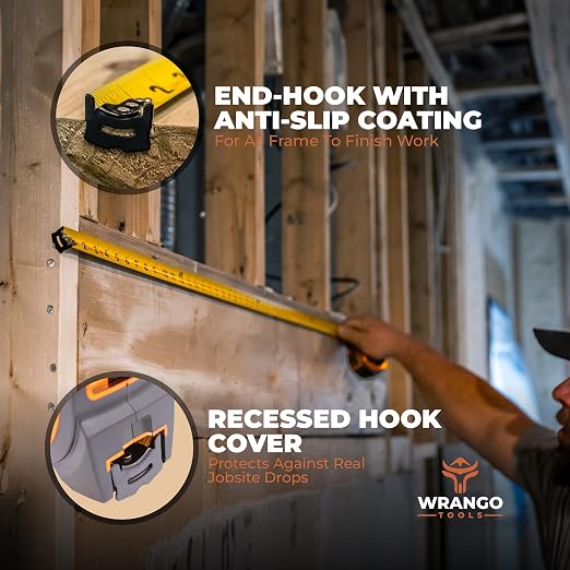 Wrango Tools Tape Measure 16 FT - Measuring Tape Retractable - Oversized & Double-Sided Print - Blade Lock, Finger Brake - High Performance Nylon Coating, 10' Stand-Out - 13' Reach / 1-1/16" Blade