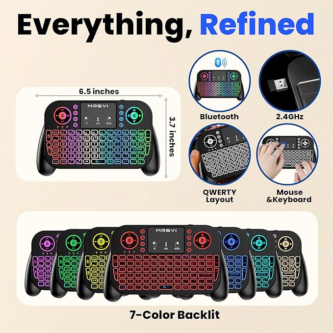 Mini Keyboard with Touchpad-2.4GHz & Bluetooth Dual-Mode,7-Color Backlight, Multimedia Hotkeys, Rechargeable, for Android TV Box, Smart TV, Projector, PS3, PC, Tablet, Windows/iOS/Android
