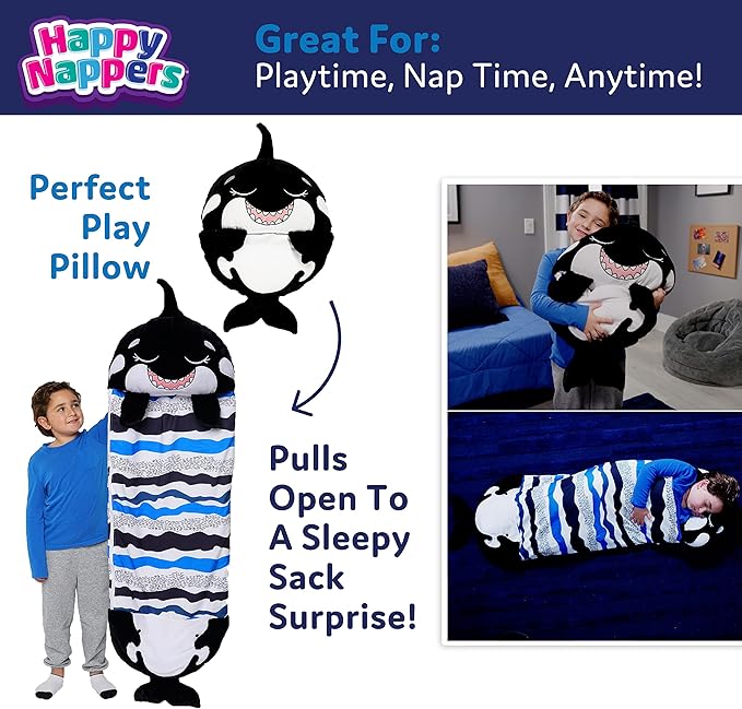 Happy Nappers: Pillow & Sleepy Sack: Large - Ozzy The Black Shark - 66 x 30, 2-in-1: Plush Animal Opens to Sleeping Bag, Soft Play Character, Kids 3+