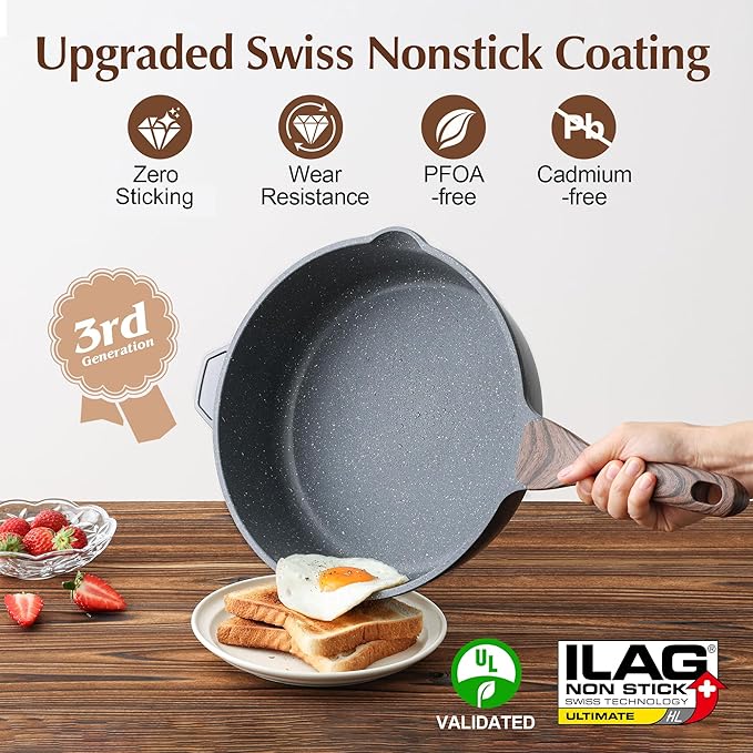 SENSARTE Nonstick Deep Frying Pan Skillet, 12-inch Saute Pan with Lid, Stay-cool Handle, Chef Pan Healthy Stone Cookware Cooking Pan, Induction Compatible, PFOA Free (Pack of 2)