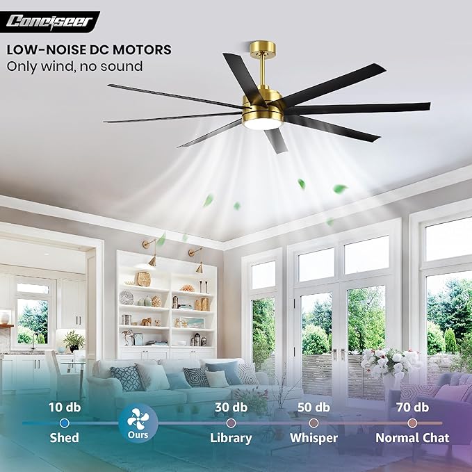 Conciseer 65 Inch Ceiling Fans with Lights and Remote for Bedroom Living Room Kitchen Office, Indoor/Outdoor Use, 6CCT, 8 Blades 6 Speed Reversible Dimmable Quiet DC Motor, Gold/Black