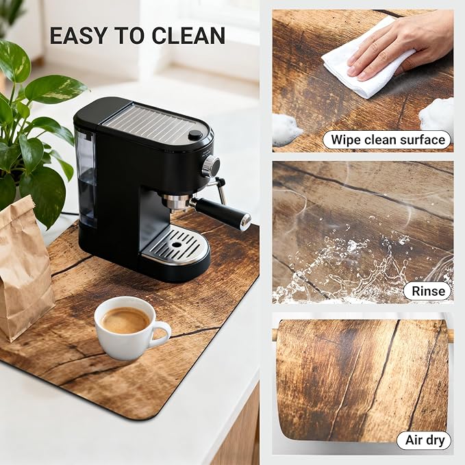 Coffee Mat 19x12 Inch, Wood Grain Coffee Counter Mat, Absorbent Hide Stain Rubber Backed Dish Drying Mat for Kitchen Counter, Bar Mats for Countertops, Under Coffee Maker Machine Pot Espresso Staion