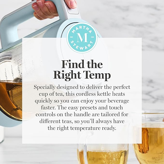 Martha Stewart Electric Kettle with Removable Stainless Steel Tea Infuser,  Glass Carafe 1.7L (7 Cups), Hot Water Boiler, 4 Presets, Keep Warm & Auto Shut-Off, Cordless 360° Swivel Base, Sky Blue