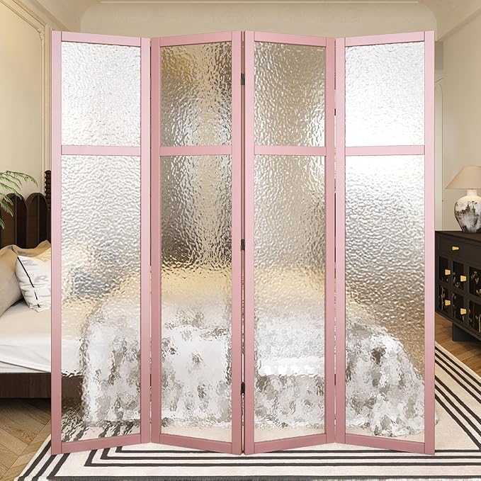 4 Panel Acrylic Room Divider Privacy Screen - Freestanding Frosted Translucent Partition, Lightweight Modern for Home Office Studio (Pink, 4 Panels)