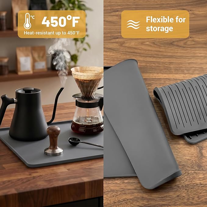 24×16-inch Silicone Coffee Mat for Espresso Machine - Heat Resistant, Waterproof Countertop Protector Pad with Raised Edges, Easy Clean Dish Drying Mat for Kitchen, Pet Food Mat (Grey)