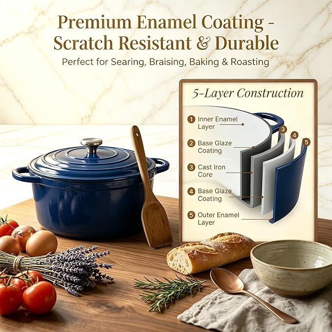 QuliMetal Enameled Cast Iron Cookware Set, 4-Piece Pots and Pans Set with Lids, 10.25" Skillet, 2QT Saucepan, 2.8QT & 4.8QT Dutch Ovens, Oven Safe to 500°F, All Stovetops Compatible - Navy Blue