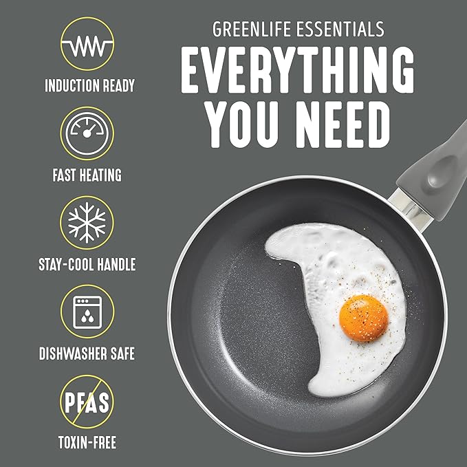 GreenLife Essentials 12 Piece Cookware Set, PFAS-Free Ceramic Nonstick Pots & Pans, Induction Ready for All Cooktops, Kitchen Cooking & Serving Utensils, Dishwasher Safe, Charcoal Gray
