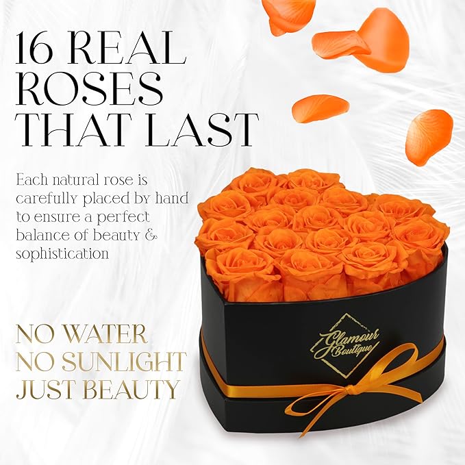 GLAMOUR BOUTIQUE 16 Flower Forever Heart Shape Box, Eternal Preserved Roses Gift for Her, Lasting Flowers, Romantic Floral Keepsake for Birthday, Anniversary or Valentine’s Day, Orange (Color-Treated)