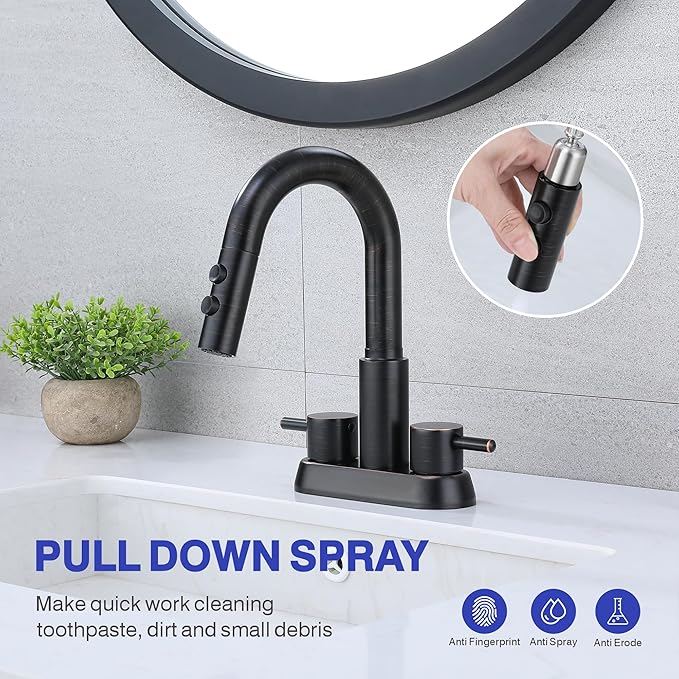 Kablle Bathroom Sink Faucet with Pull Down Sprayer 3 Holes, Oil Rubbed Bronze 4 inch 2 Handles Centerset Laundry Bar Basin Pull Out Faucet with Pop-Up Drain, KBL-MP-6002ORB-CL