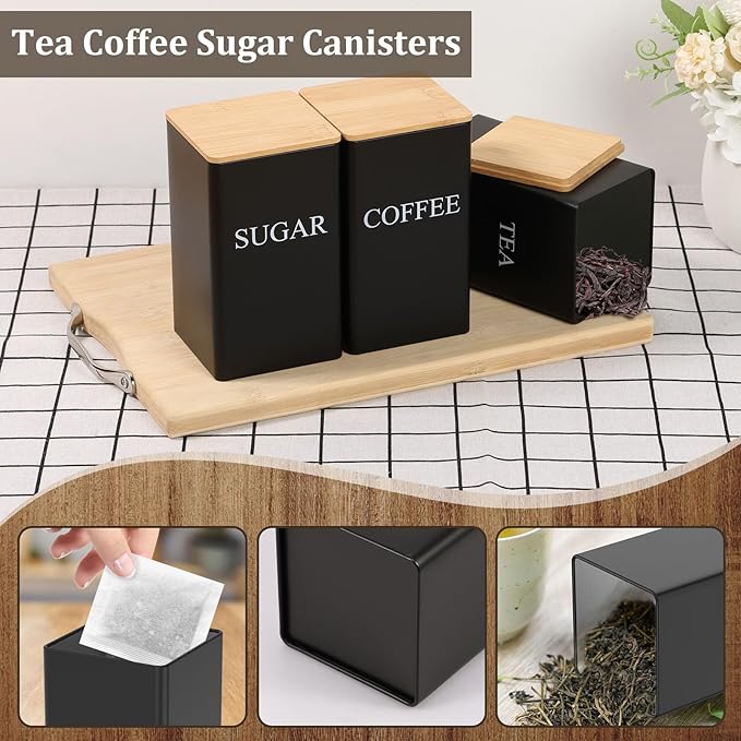 3 Pcs Coffee Tea Sugar Container Set, 1000 ML Metal Teas and Coffee Canisters Set with Bamboo Lids, Black Canisters Sets for Kitchen,Food Storage Container Jars for Kitchen Counter Storage (Black)