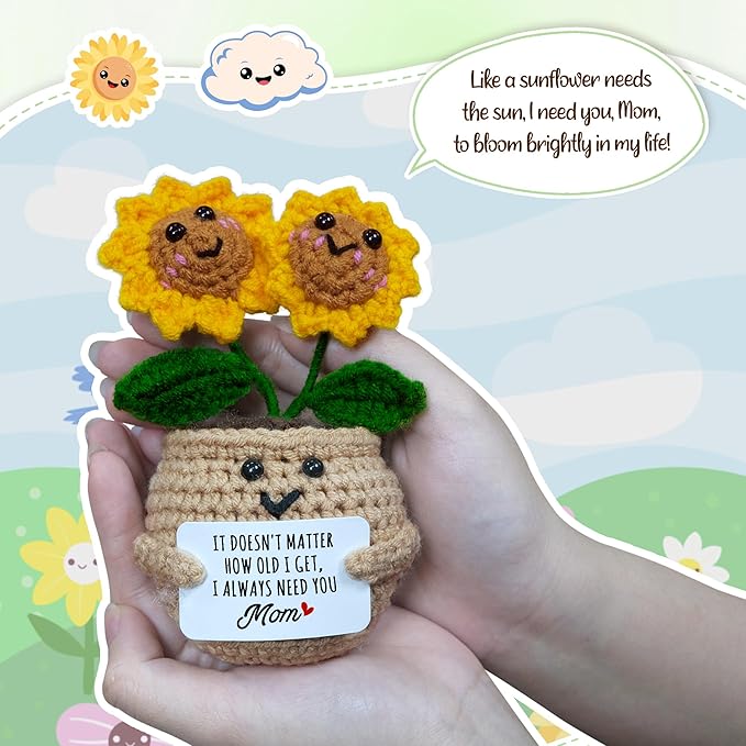 OASSIE Gifts for Mom from Daughter Son - Handmade Positive Sunflower Crochet with Card - Mom Gifts for Mothers Day, Birthday Gift for Mother in Law Mama Grandma, Emotional Support Crochet