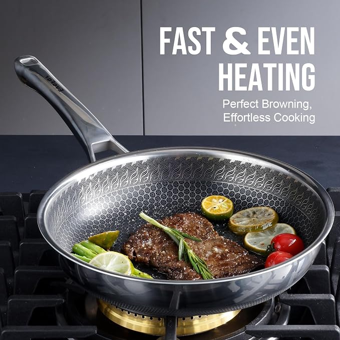 12 Inch Hybrid Nonstick Frying Pan, Stainless Steel Pan Non Stick Skillet, PFOA Free Cookware, Non Toxic Chef's Pan, Compatible with Electric, Gas and Induction, with Lid