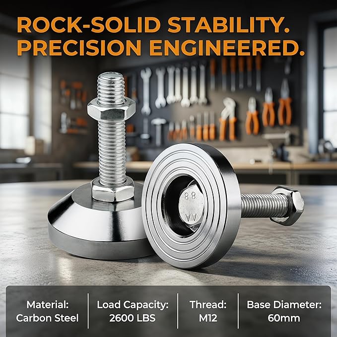 Machine Leveling feet, Heavy Duty Leveler Leg 2.36" Dia. Base, Leg Leveler M12 Thread, 2600 Lb Capacity,Capacity for Workbench, Machine, Cabinet (D60xM12x50,2 Pack, Silvery)
