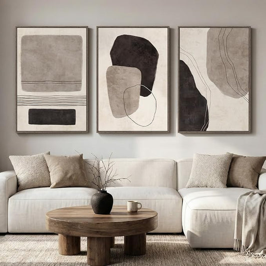 Large Framed Neutral Abstract Wall Art for Living Room, 3 Piece Black and White Canvas Prints Paintings Artwork for Walls, Modern Minimalist Pictures Wall Decor for Bedroom Dining Room Office 24x36 In