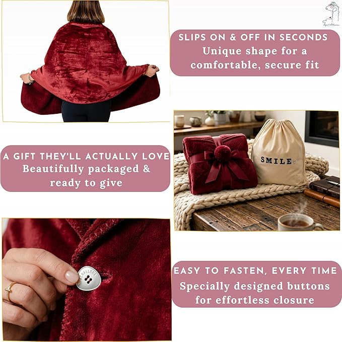 EzrAllora Premium Double Layer Wearable Blanket for Women - Easy On Easy Off No Sleeves - Drape and Go - Gifts for Elderly (Burgundy)