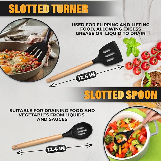 14 Pcs Black Kitchen Utensils Set with Holder for Nonstick Cookware - Silicone Cooking Utensils Set, Kitchen Tools for Daily Cooking - Wooden Handle Cooking Tools for Baking Serving and Mixing Tasks