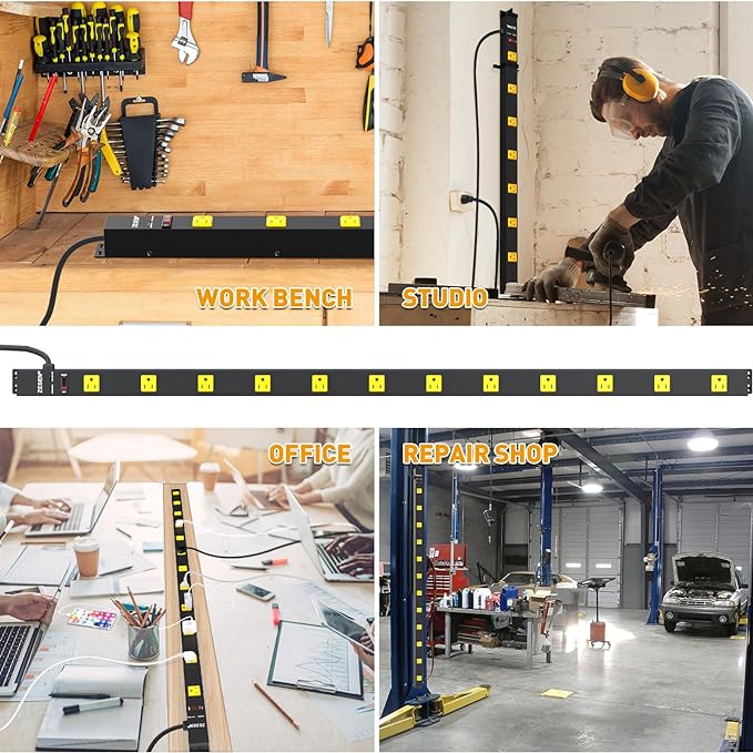 12 Outlet Industrial Long Power Strip with 15Ft Cord, 1875W Heavy Duty Metal Power Strip with Wide-Spaced Outlets & Overload Protection, ETL Listed for Garage, Workshop, Office, Home