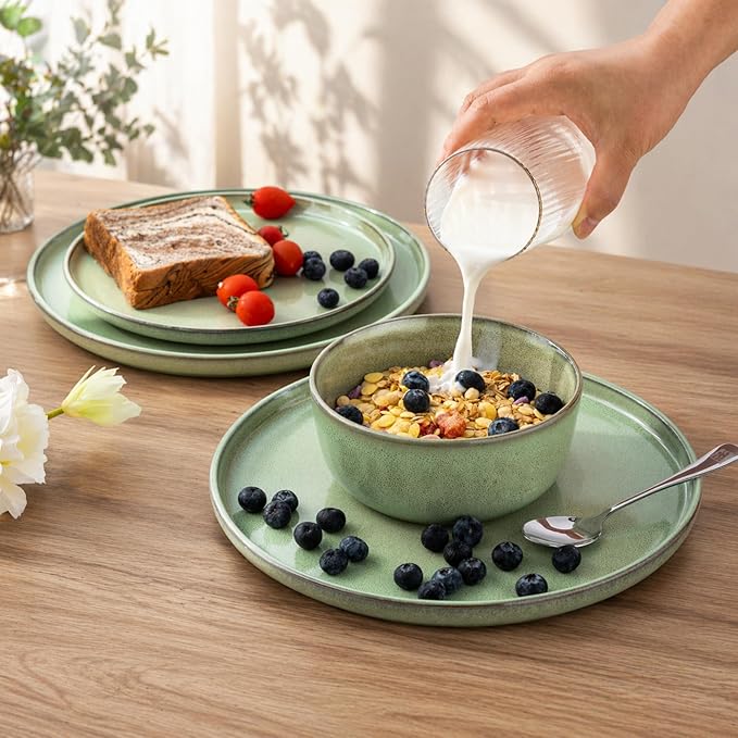 GBHOME Ceramic Dinnerware Sets for 8, 24 Pieces Stoneware Plates and Bowls Sets, Scratch Resistant Dishes, Dishwasher & Microwave Safe-Pastel Green