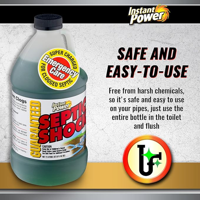 Instant Power Septic Shock - Septic Tank Treatment, Drain Cleaner Liquid Clog Remover for Septic Systems - 67.6 Fl Oz 1 Pack
